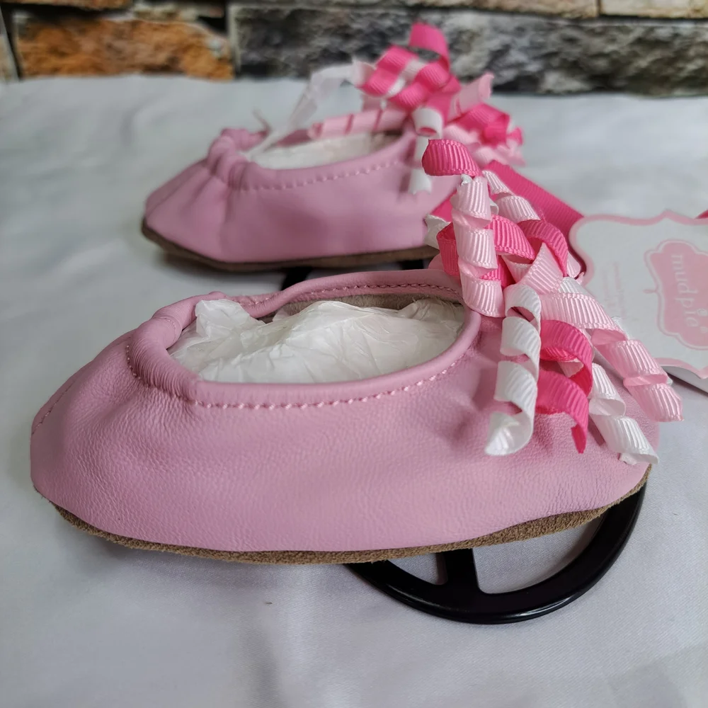 'MUD PIE' LEATHER SLIP-ON SHOES BABY GIFT SET CURLY GROSGRAIN ACC. ROUND TOE